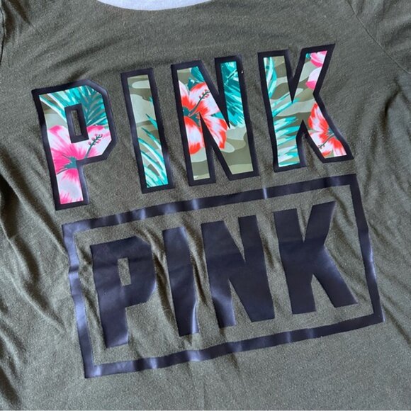 Victoria's Secret PINK | Olive & Tropical Print Logo Crew Neck Tee | Size Large - Picture 2 of 8